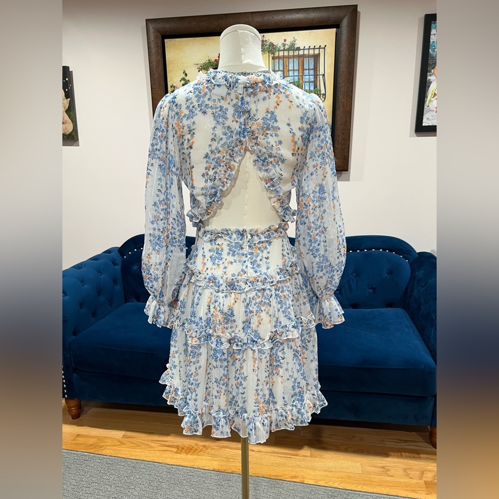 Selfie Leslie Blue and White Floral Long Sleeve Dress - Picture 3 of 6